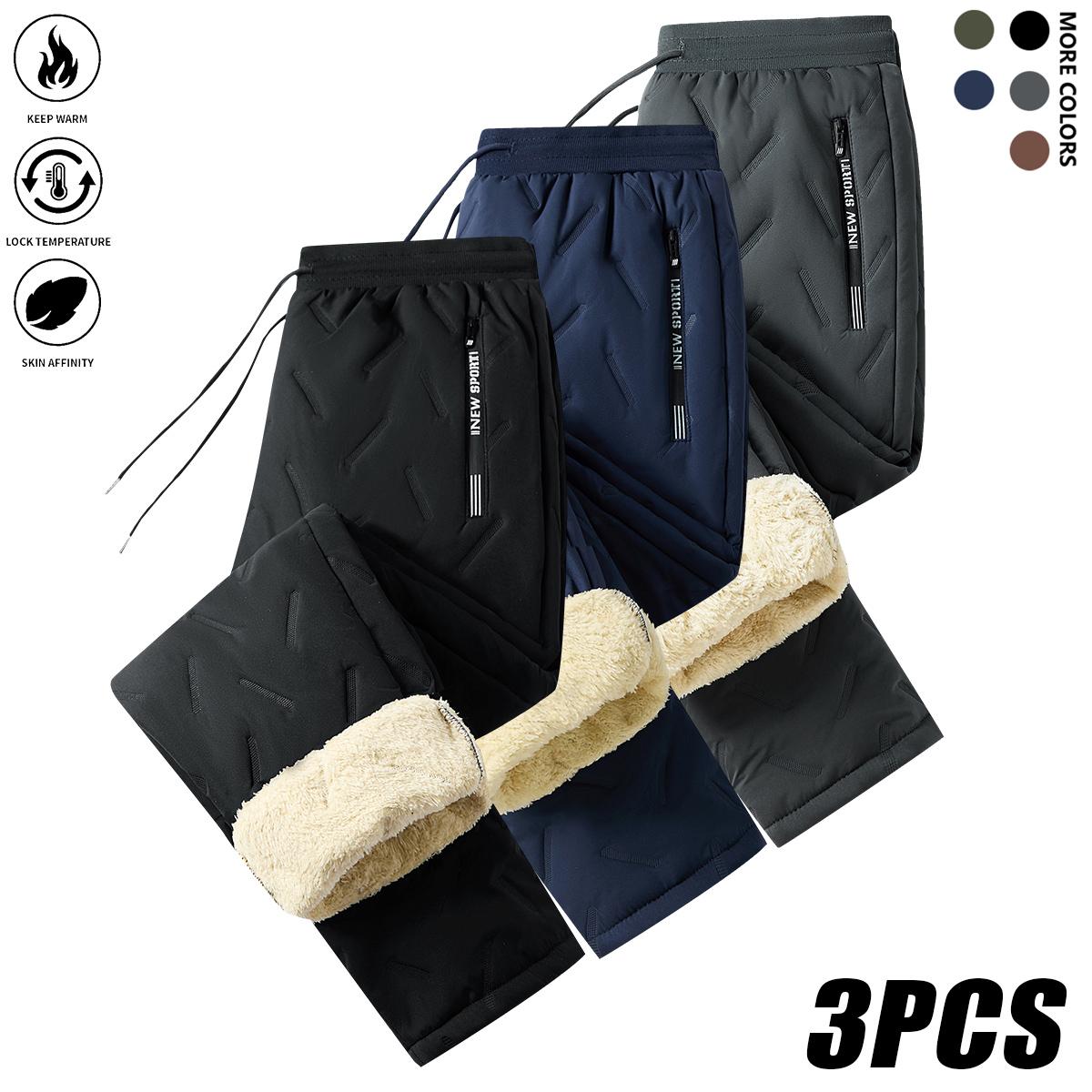 Men's Warm Winter Pants Set - 3 Pack Thick Cotton Trousers with Drawstring Waistband, Black Cold-Resistant for Daily and Formal Wear, Side Pockets - Suitable for Office Work and Outdoor Activities solid drawstring waist sweatpants wind  proof  pants mens