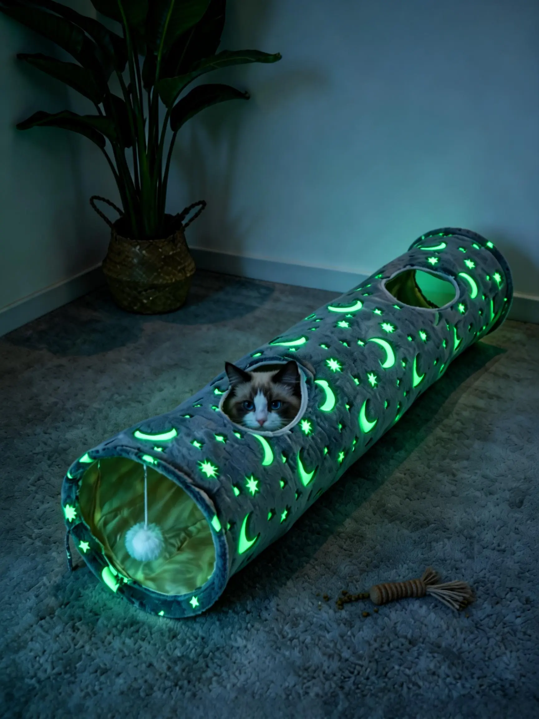 Luminous Glow-in-the-Dark Cat Tunnel Bed, Fabric Cat Hideout Play Accessory with Glow Effect