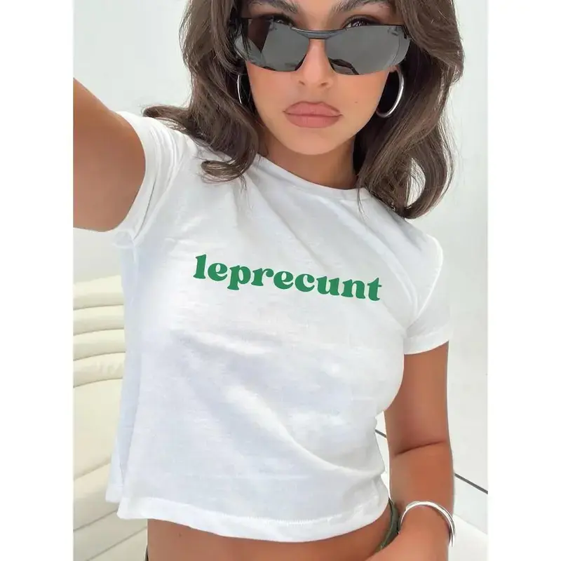 Leprecunt St Patrick's Day Baby Tee, Y2K St Paddys Shirt, Vintage 90s Womens Retro Tee, Shamrock Irish Shirt, I Put The Double D's