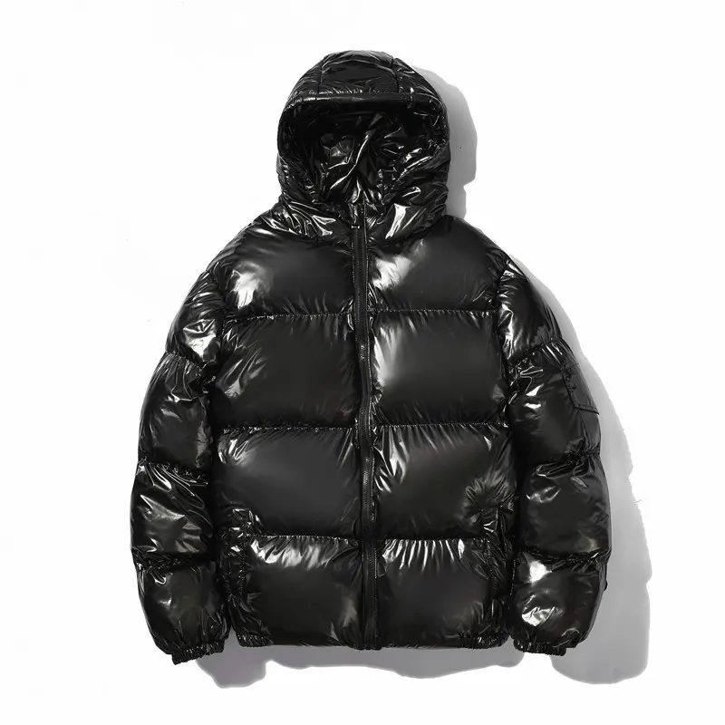 Mens Shiny Puffer Jacket Zip Up Hooded Coat Thick Cotton Padded Outerwear Warm Winter Streetwear Fashion Casual Loose Fit Clean Look Windproof Thermal Jacket With Side Pockets Stylish Minimalist Design For Cold Weather Comfort