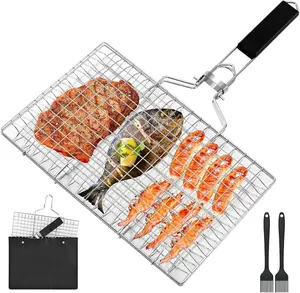 Fish Grill Baskets, Folding Portable Fish Grilling Rack For Grill, BBQ Grilling Basket, Stainless Steel Grill Basket For Veggies, Shrimp, Meat Cook，Come With Storage Bag and Two Basting Brush