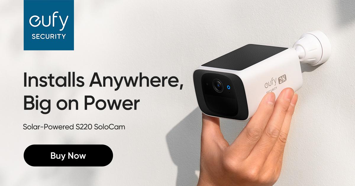 eufy SoloCam S220 Solar-Powered Wireless Outdoor Camera 2K Resolution 2.4 GHz Wi-Fi Continuous Power Day Night Vision AI Alerts Weather Resistant IP67