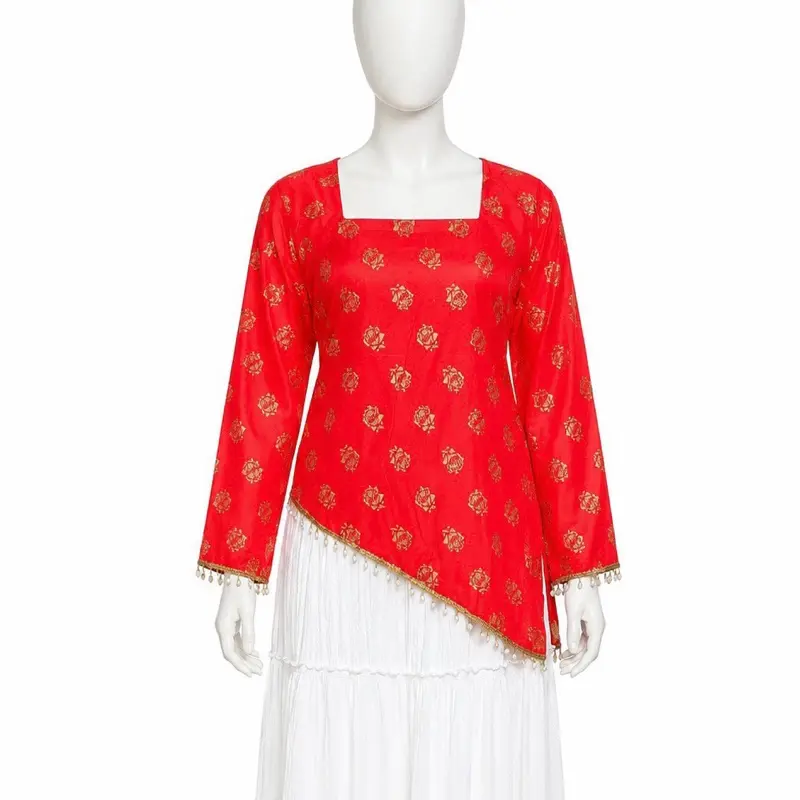 Women's Casual Full-Sleeve Short Kurti, Womenswear with Corset Back and Beads