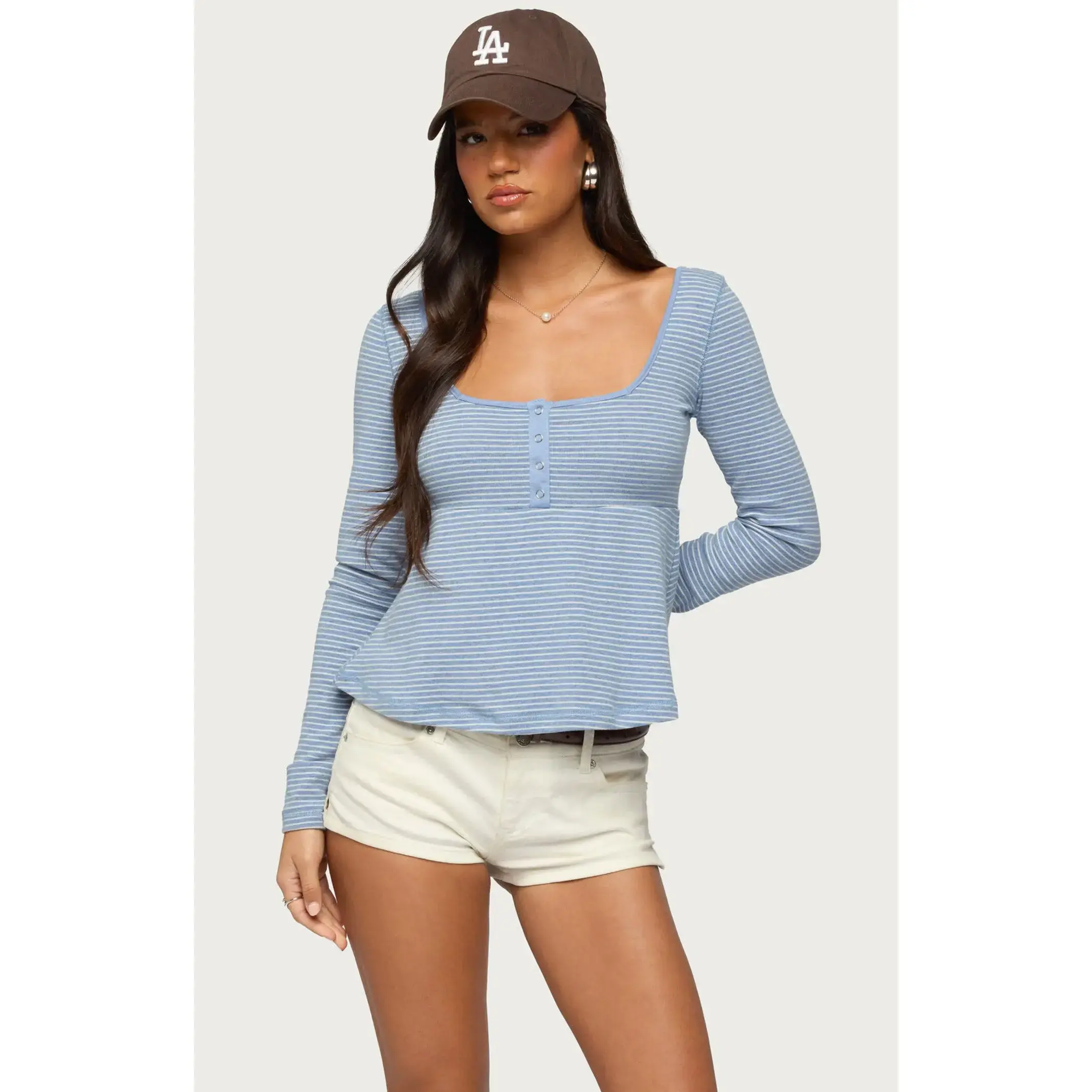 Edikted Women's Sare Striped Babydoll Henley Top