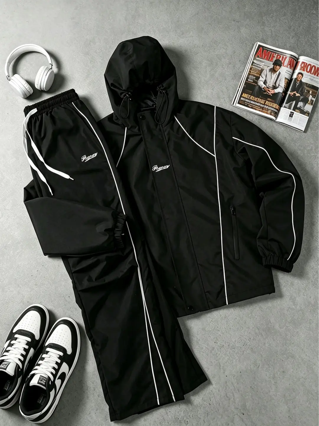 Men’s reflective stripe two-piece athletic set featuring a hooded jacket and loose pants, Y2K streetwear apparel