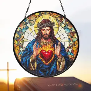 Sacred Heart of Jesus Stained Glass Suncatcher, Christian Religious Window Hanging, Catholic Gift & Spiritual Home Decor, Gift For Christian, ver.6