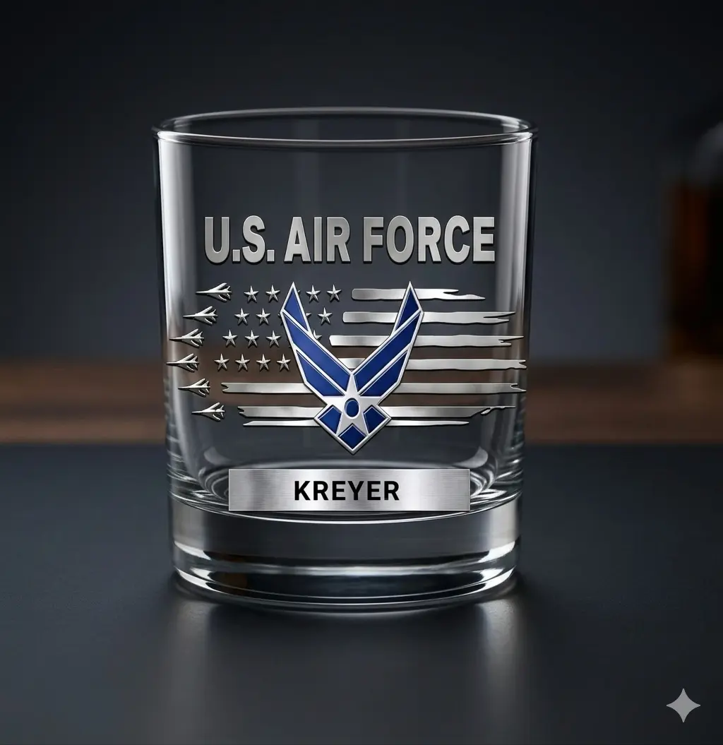 Personalized U.S. Air Force Whiskey Glass – Custom Name Old Fashioned Glass – 11 oz UV Printed Military Gift