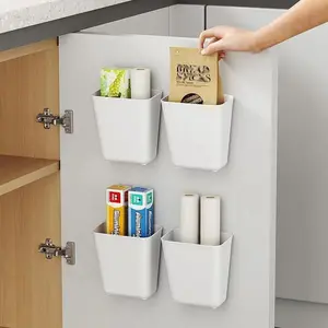 4Pcs Wall-Mounted Self-Adhesive Kitchen Cabinet Door Storage Boxes, Plastic Modern Style Storage Baskets, Multi-Purpose No-Drill Hanging Racks, Suitable for Aluminum Foil and Cling Film, Home and Office Storage Containers