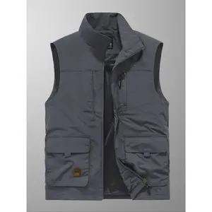 Men's Solid Color Multi-pocket Zip Up Vest Jacket, Regular Fit Casual Sleeveless Mock Neck Outerwear for Outdoor Activities, Fashion Men's Clothes for All Seasons