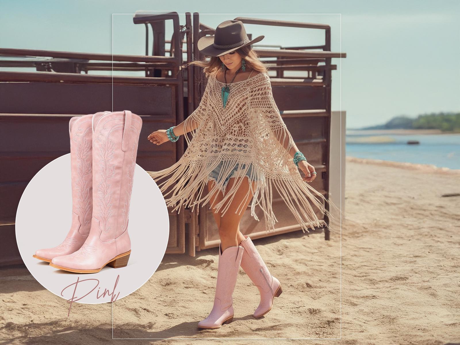 CYNLLIO Womens  Knee High Cowboy Country  Boots Snip Toe Chunky Block Heels Pull On Comfy Classic Embroided Side Zipper Fashionable Outing Walking Party Casual Riding Club Spring Wide Calf Western Fashion Boots