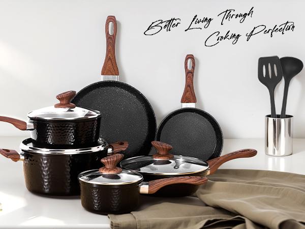 Kitchen Academy Induction Cookware Sets - 12/15 Pcs Black Hammered Cooking Pans Set with Healthy Granite Nonstick Material Kitchen Academy Induction Cookware Sets - 12/15 Pcs Black Hammered Cooking Pans Set with Healthy Granite Nonstick Material