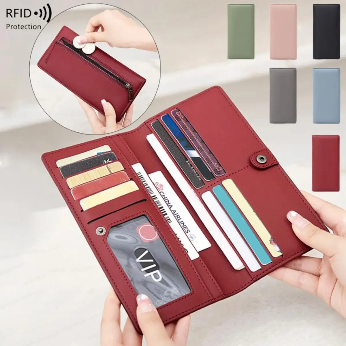 Women's 2026 New RFID Blocking Anti-Theft PU Leather Long Wallet, Simple Solid Color Zipper Credit Card Bag, Wallets for Women with RFID Blocking Protection, Pu Leather Wallet backtoschool