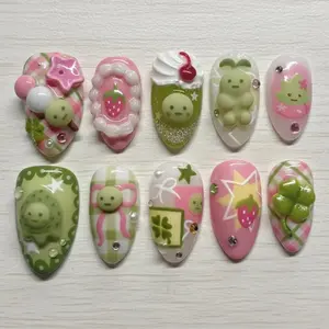 Cute Smiski Press On Nails, Pastel Strawberry with 3D Lucky Grass Charms, Green Pink Kawaii Fake Nail, Handmade Nail Art For Birthday, Party