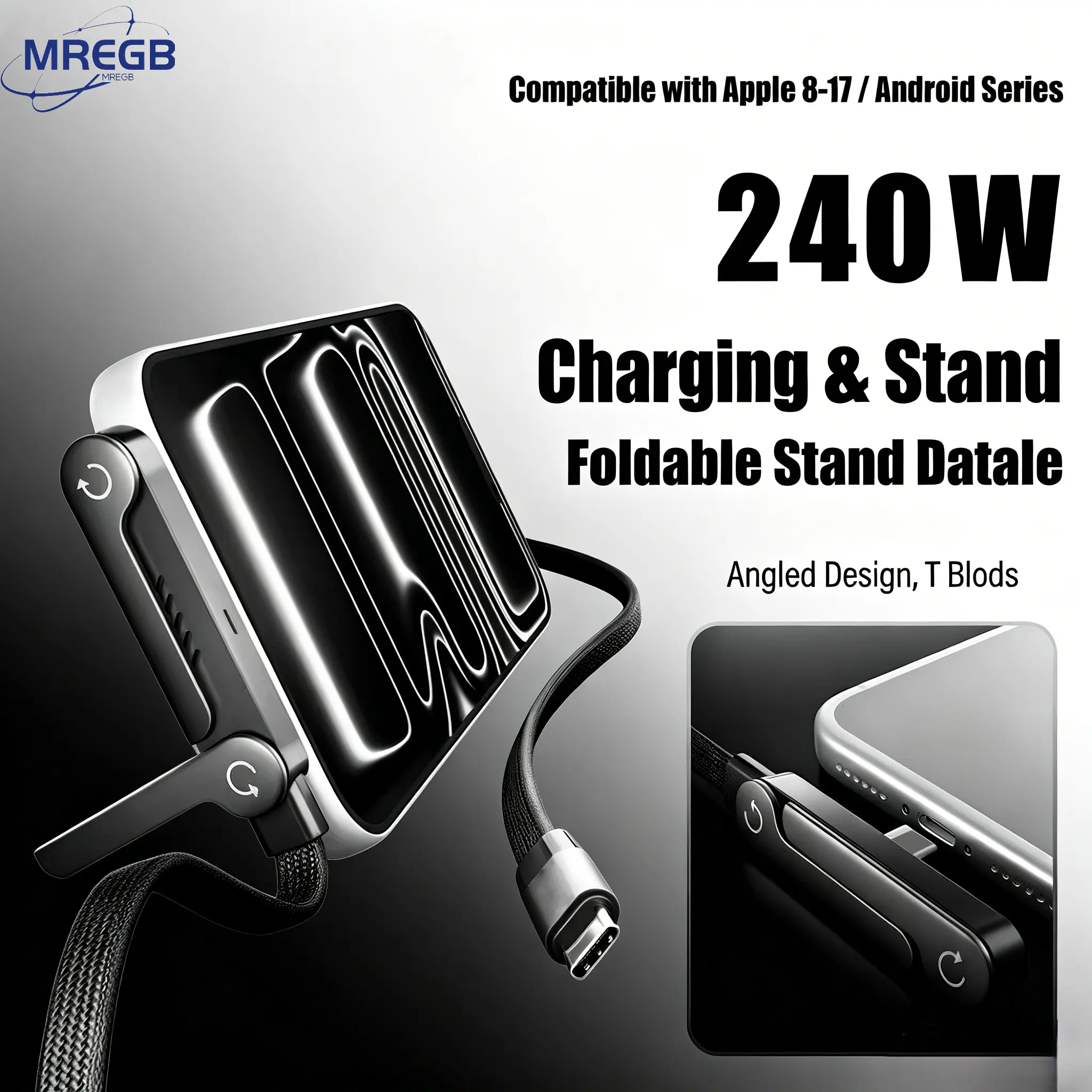 MREGB Invisible Stand Type-C Charger Cable 240W Super Fast Charging 2-in-1 Durable Rubber USB-C Cable with Phone Holder Stand, Gaming Office Car Travel, Compatible with iPhone 15+ Android, Cellphone , Portable USB-C Stand Cable summerwins