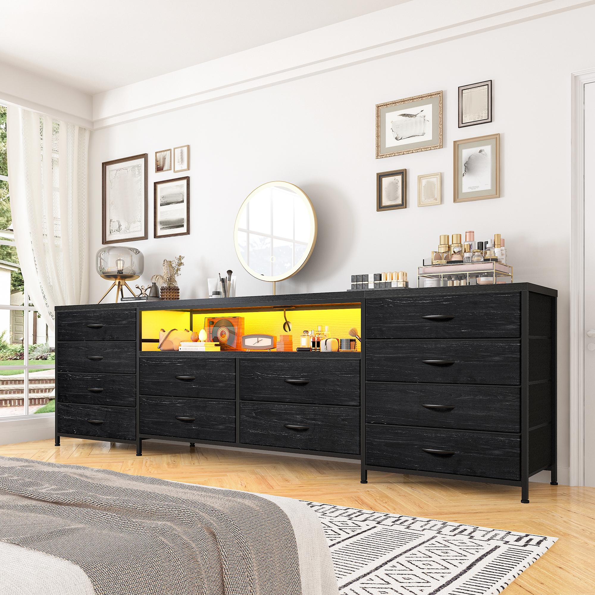 Raybee Furniture TV Stand for 65 70 75 Inch TV 63"W Dresser for Bedroom with LED Lights & Power Outlets  Long Fabric Dresser Entertainment Center