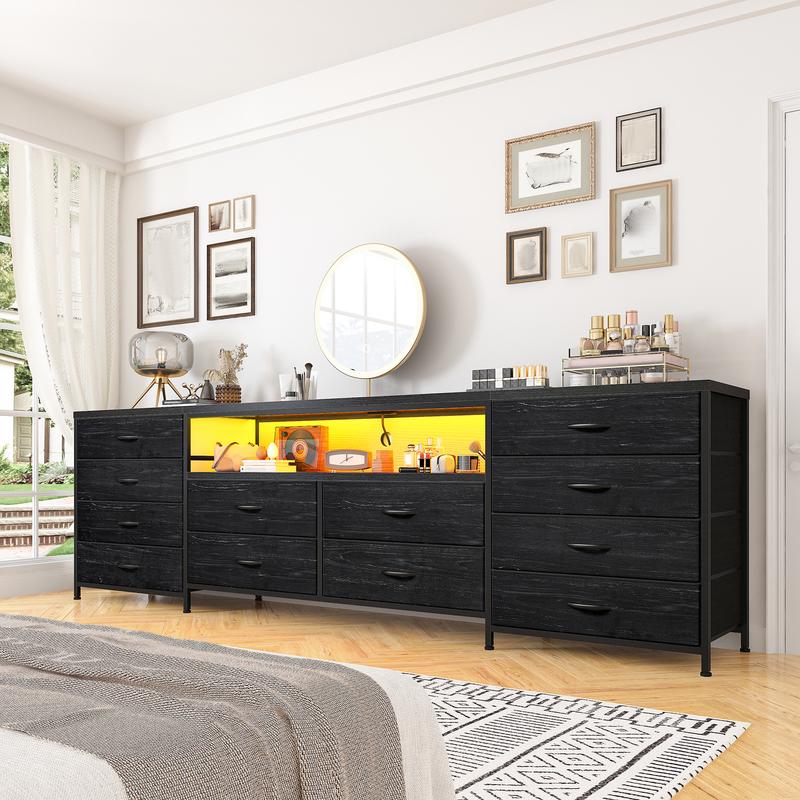 Raybee Furniture TV Stand for 65 70 75 Inch TV 63"W Dresser for Bedroom with LED Lights & Power Outlets  Long Fabric Dresser Entertainment Center