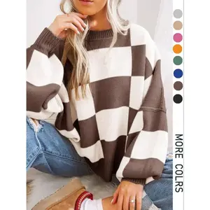 Plus Size Plaid Drop Shoulder Sweater, Casual Long Sleeve Knitwear for Fall & Winter, Loose-Fitting Round Neck Pullover for Women, Drop Shoulder Crewneck