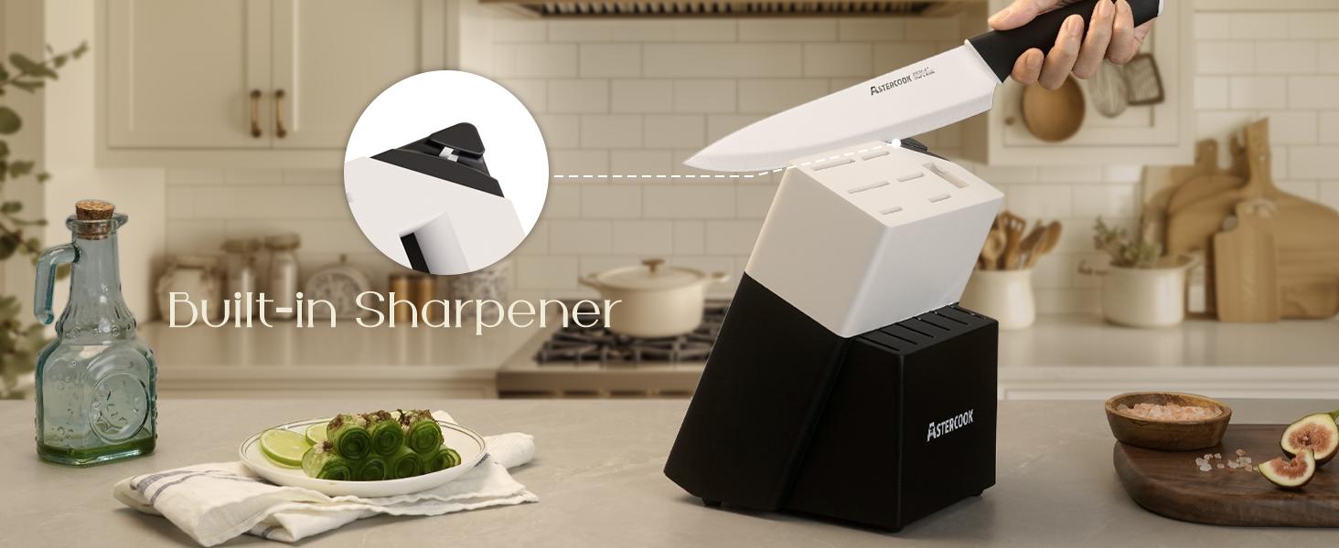 Astercook 14-Piece Kitchen Knife Set with Knife Block & Sharpener, Ceramic Coated Stainless Steel, Dishwasher Safe, Modern Home Cooking Cutting Carve