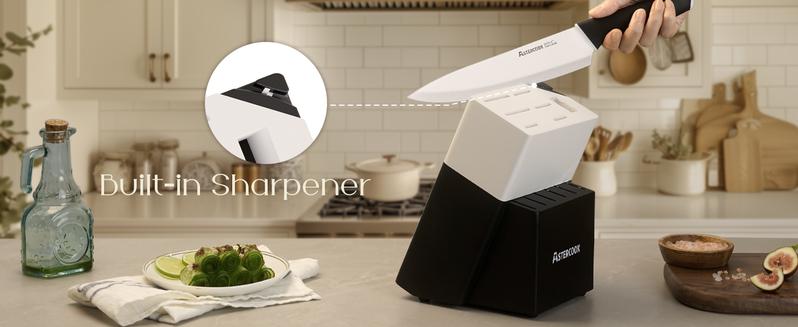 Astercook 14-Piece Kitchen Knife Set with Knife Block & Sharpener, Ceramic Coated Stainless Steel, Dishwasher Safe, Modern Home Cooking Cutting Carve