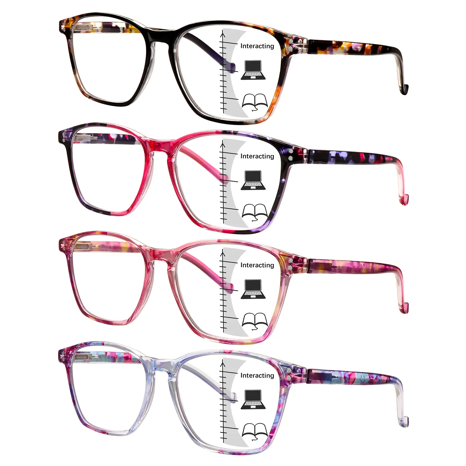 Progressive Multi-focus Reading Glasses, Unisex Rectangular PC Frames with Blue Light Blocking & Spring Hinges, No-Line Lenses for Near, Mid & Far Vision, High Quality Eyewear, Polycarbonate