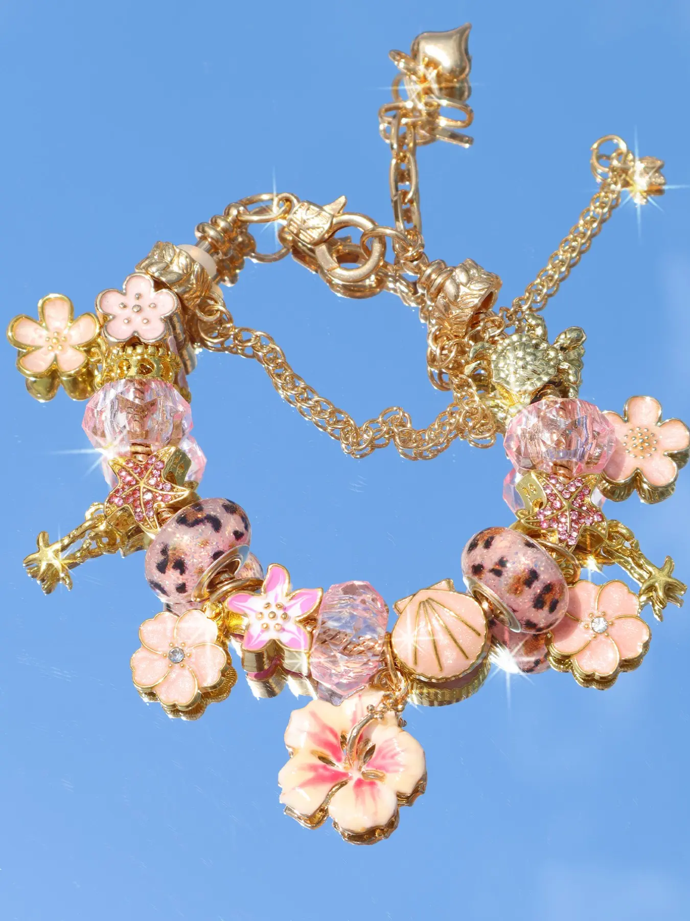 Beach Vacation Style Leopard Print Cherry Blossom Charm Bracelet, Ocean Life Star & Shell Charms, Summer Floral Design, Adjustable