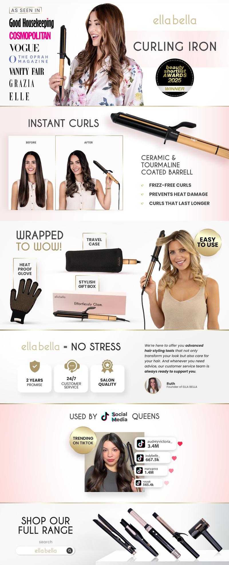 ELLA BELLA® Curling Iron 1 Inch • Professional Hair Curler • Curling Wand • Ceramic Curling Irons • Transform Your Look in Seconds • Suitable for All Hair Types • Say Goodbye to Heat Damage