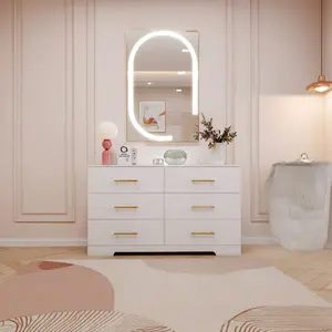 White Color Large 6 Drawers Chest of Drawers Dresser Table with Golden Handle Minimalist Style MDF Engineered Wood Storage Unit