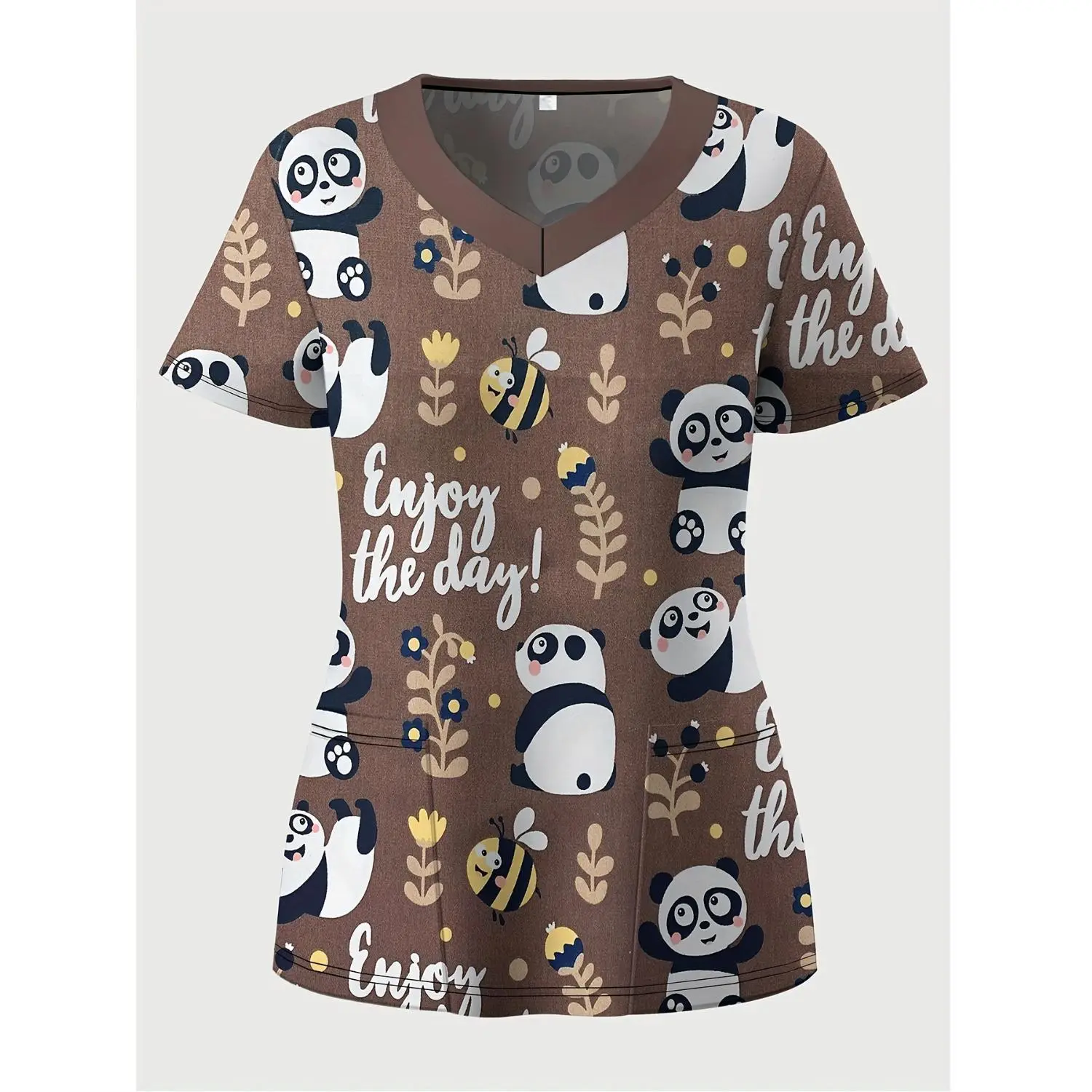 Plus Size Women’s Panda Print V-Neck Scrub Top, Short-Sleeve Stretch Nurse Uniform Shirt with Two Large Pockets