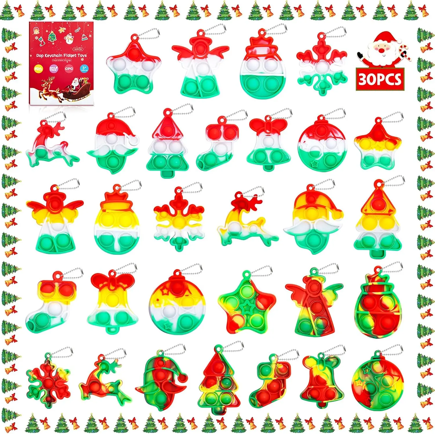 30PCS Christmas Pop Fidget Toys Bulk, Mini Pop It Keychains for Kids, Christmas Party Favors, Stocking Stuffers for Goodie Bag Stuffers, Classroom Prizes, Non Candy Christmas Treats, Sensory Fidget Toys