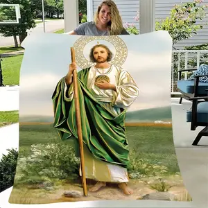 Vintage Style St. Jude Flannel Blanket-Soft, Tear-Resistant and Machine Washable, Suitable for Bed, Sofa, Camping-Full Color Printed Jesus Christ Design, Green, 280G/M2,Vintage Home Decor Enthusiasts,Religious Devotees