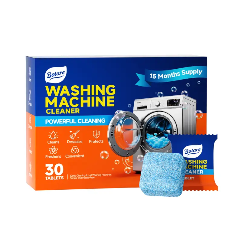BOTARE Washing Machine Cleaner Tablets - 30 Pack (15-Month Supply), Deep Clean Drum, Pump, Valve & Hoses, Septic Safe, Lemon Scent, for Front Load, Top Load & HE Washers
