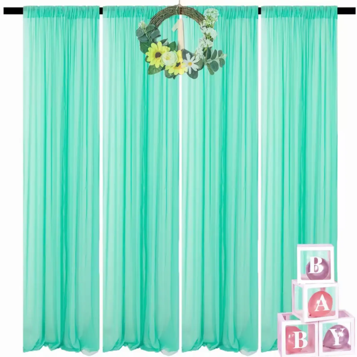 Wrinkle Resistant 4-Panel Polyester Mint Chiffon Sheer Fabric Backdrop Curtains, 2.42ft×9ft Hanging Drapes for Wedding, Anniversary, Baby Shower Multiple Events Decorations