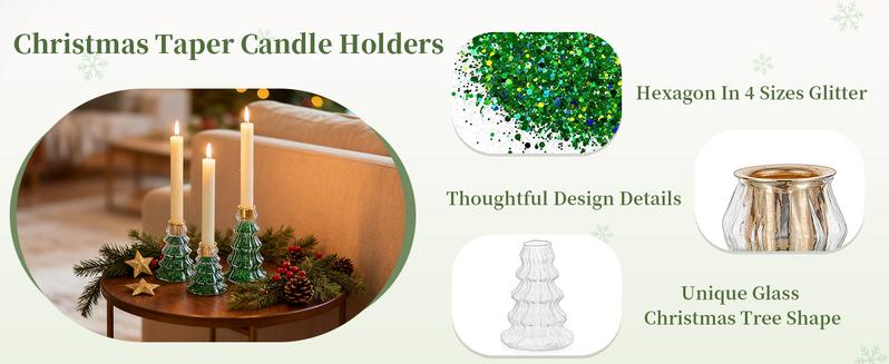 Christmas Taper Candle Holders: 3 Pcs Glass Christmas Tree Candlestick Holders with 9.8oz/ 280g Green Chunky Glitter Xmas Decorations Holiday DIY Gifts