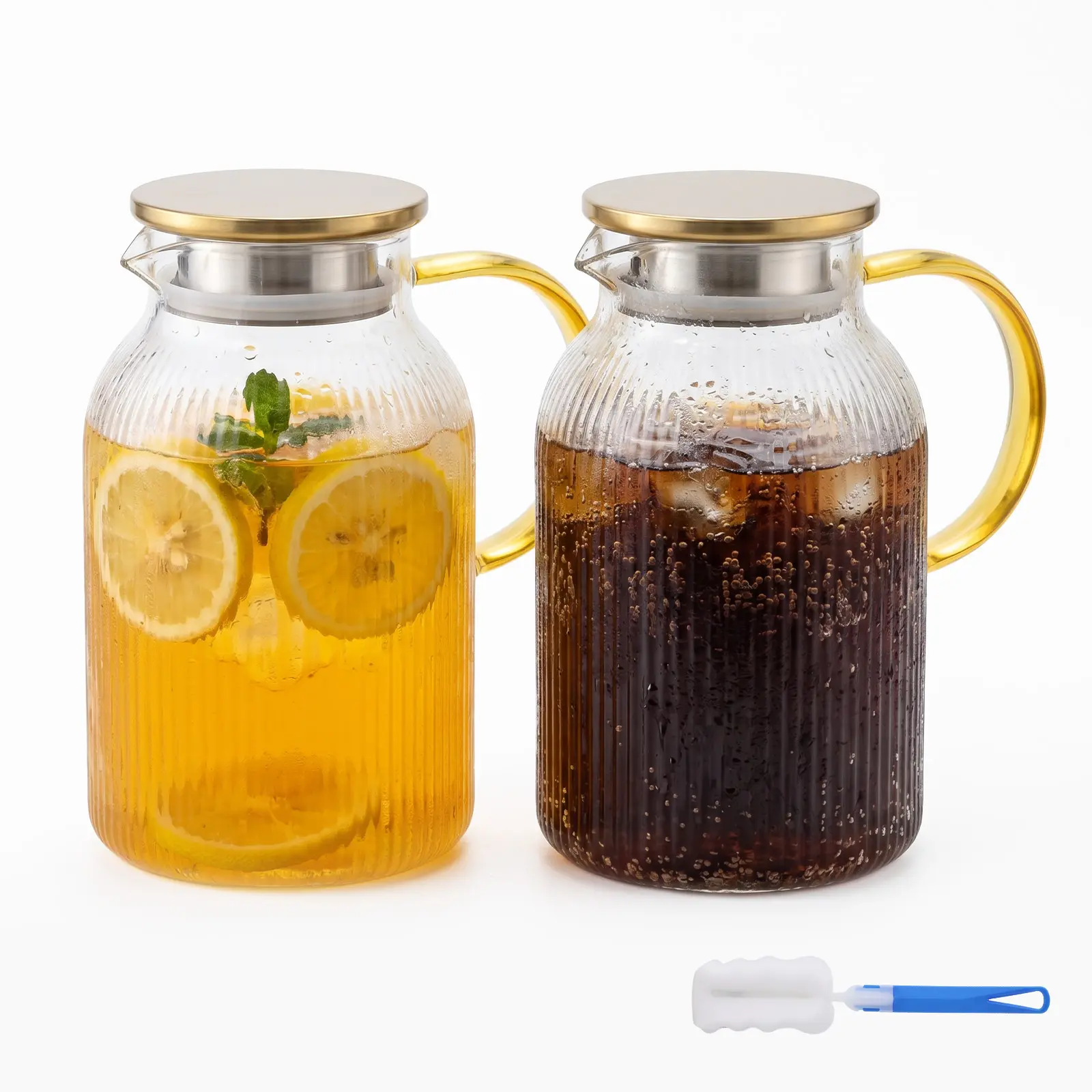 2pcs Lidded Glass Pitcher Set with Cleaning Brush, 60oz Large Capacity Bottles Organiser & Cold Water Pitcher, Fridge Safe for Hot/Cold Drinks/Milk/Coffee/Juice, Valentine's/Mother's Day Gift & Party Essential Drinkware