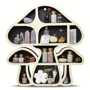 Wooden Mushroom Floating Shelves, Crystal Display Shelf for Walls, Adorable Mushroom Wall Decoration, Rock Gemstone Storage Organizer, Essential Oil Holder Hanging Case, Meditation Art Spiritual Gift