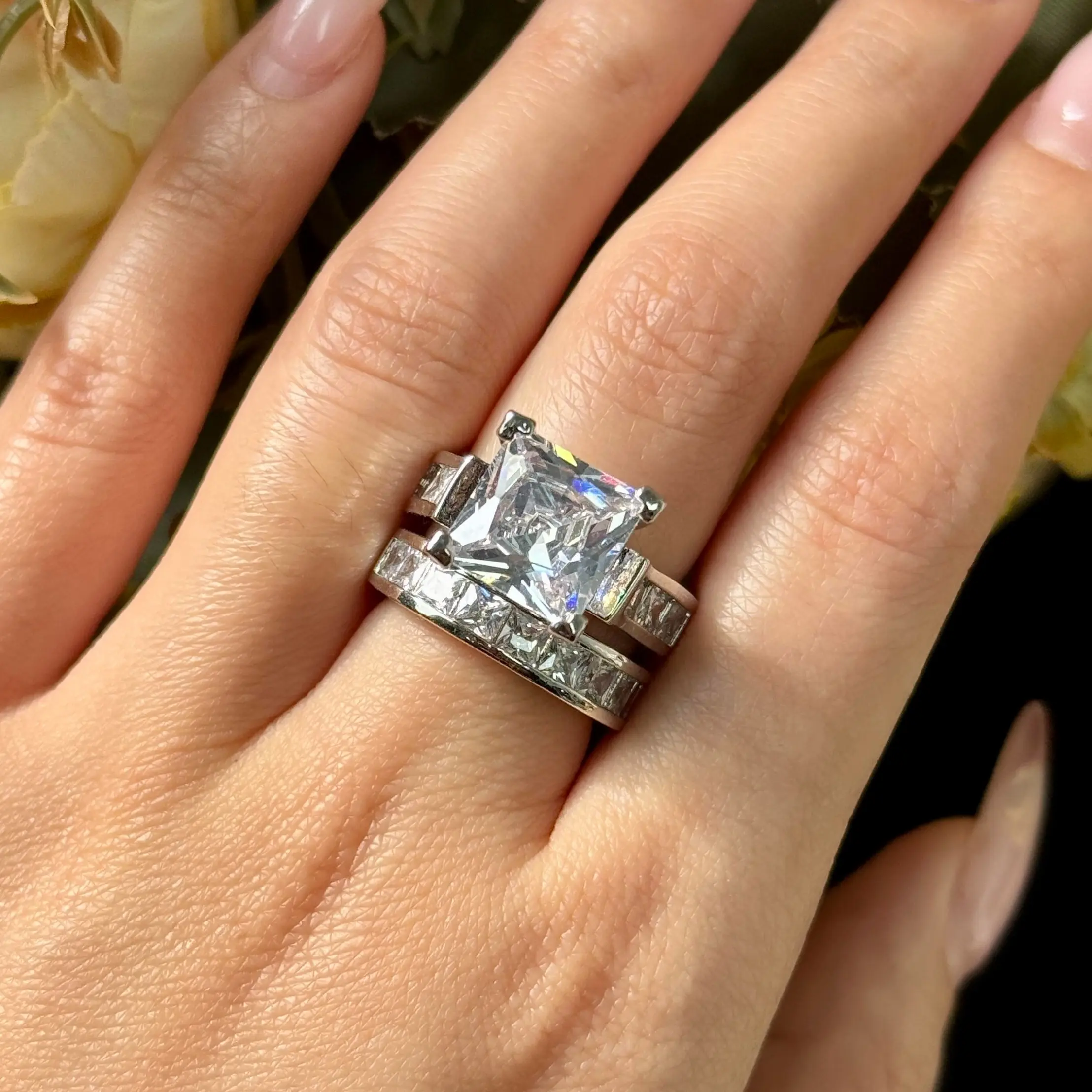 JJ CHIC Two-Piece Square Ring Set for Women Princess Cut Deluxe CZ Ring Ideal for Engagement Wedding Personal Statement Jewelry or Gift Micro Pave Cubic Zirconia Stones