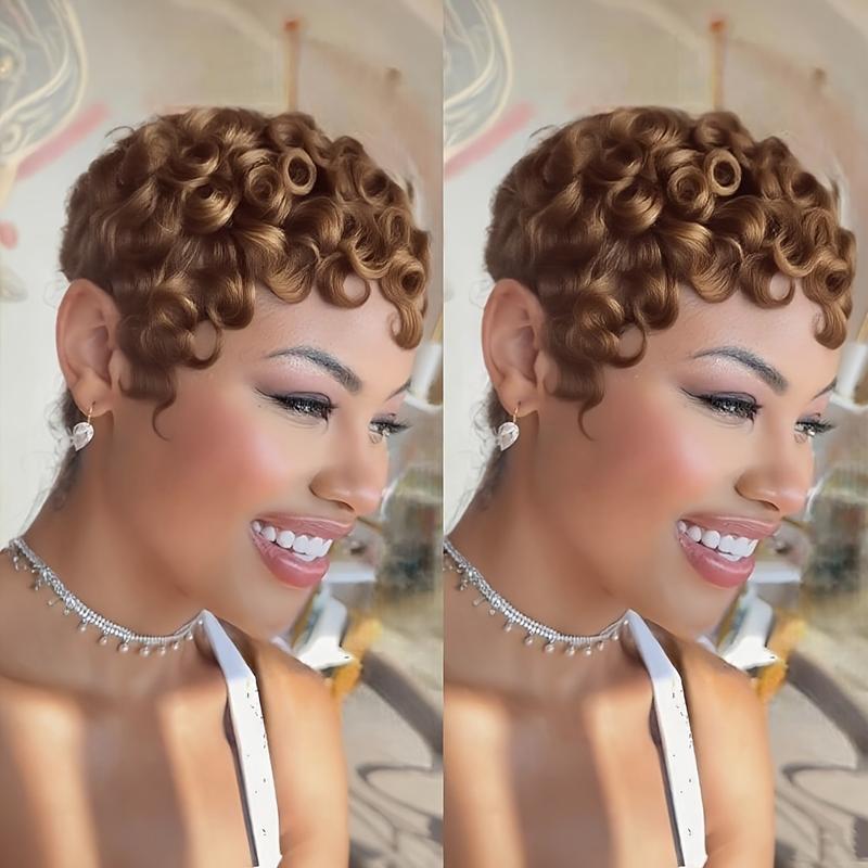 Women's 6" Short Curly Pixie Cut Human Hair Wig with Bangs - 180% Density Natural Brown/Blonde/Red/ - Machine-Made None Lace Front Wig Comfortable & Natural Look for Everyday Parties Formal Events - Easy Maintenance Short Hairstyle