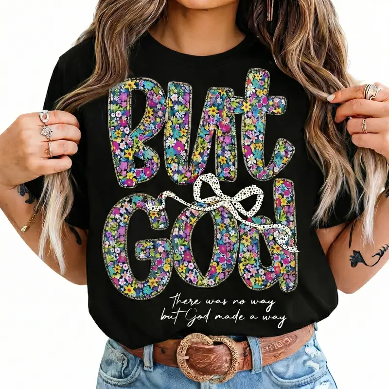Women's Oversized Crew Neck 'But God' Trendy Graphic Cotton Gift-Ready Tee - Short-Sleeve H-Type Fit Christian Floral Casual Streetwear Top for Summer, Christian Clothes for Women