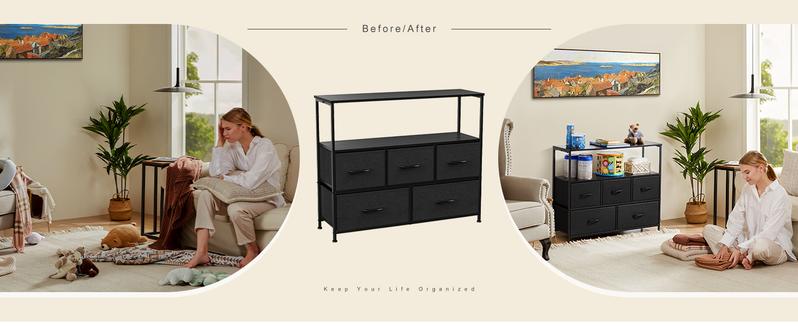 Sweet Furniture S -  Dresser TV Stand, Entertainment Center with 5 Fabric Drawers, Media Console Table for TV with Open Storage Shelf Dresser