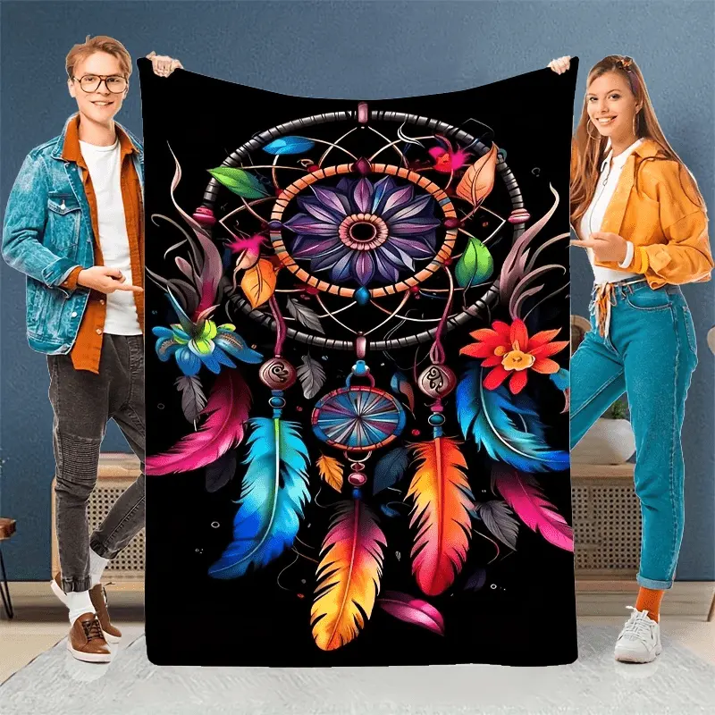 1pc Retro Style Soft Flannel Blanket - Flat Weave Microfibre Throw with Vibrant Dreamcatcher Feather Print, Colorful Beads, Feathers, Tear-Resistant, Machine Washable - Ideal for Home Décor, Camping - Great Gift for Family