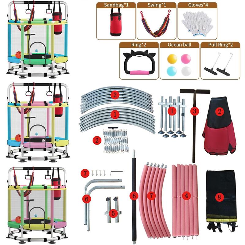 Trampoline for Kids with Basketball Hoop, 55" Toddler Trampoline Indoor & Outdoor, 440lbs Capacity Baby Trampoline with Enclosure, No-Gap Safe Design,,Swing,Sandbag,Ring,Ocean Balls,Gifts for Boys&Girls,