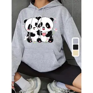 Panda Charm Hoodie - Fashionable Drawstring Hood, Cozy Long Sleeves, Kangaroo Pocket - Effortless Pullover Casual Wear for Valentines Day - Womens Trendy Clothing