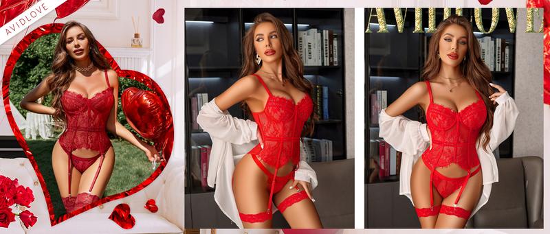 Avidlove Women's Lace Bodysuit Set Bridal Lingerie 4-Piece with Garter Belt and Adjustable Straps, Sleeveless Summer Thin Style, S-XXL (Note: Fits small; please refer to standard size chart for selection)