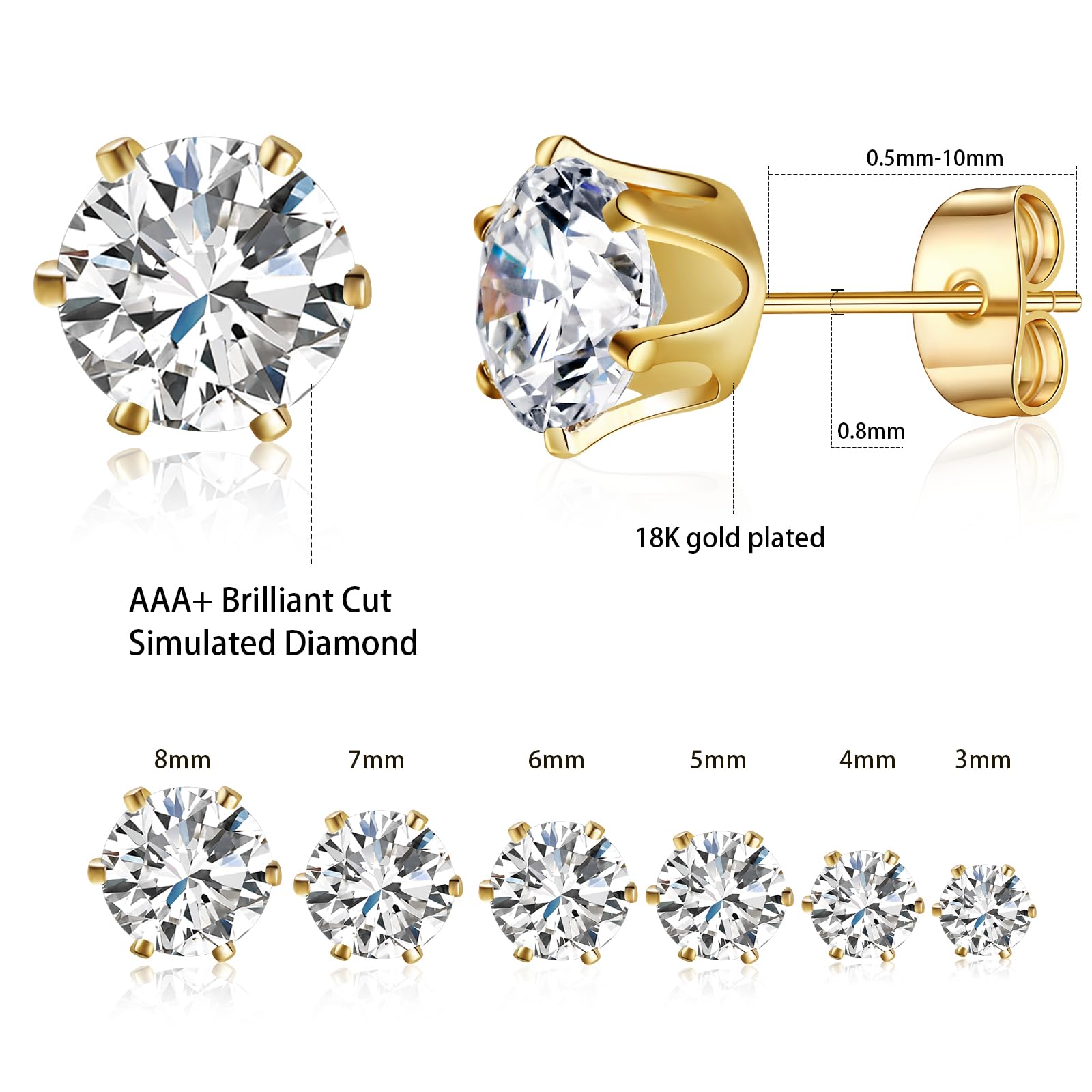 MDFUN 5 Pairs Princess Round Cut Cubic Zirconia Stud Earrings Hypoallergenic 3-7mm Square Clear CZ Earring Set for Women Men18K Gold Plated Princess Cut Cubic Zirconia Screw Back Stud Earring Pack of 5 Pairs (5 Pairs)