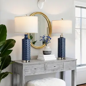 Touch Control Table Lamp Set of 2, Modern Contemporary Ceramic Bedside Lamps with 2 USB Ports, 3-Way Dimmable Nightstand Lamp with White Fabric Shade for Living Room, Bedroom, Navy Blue