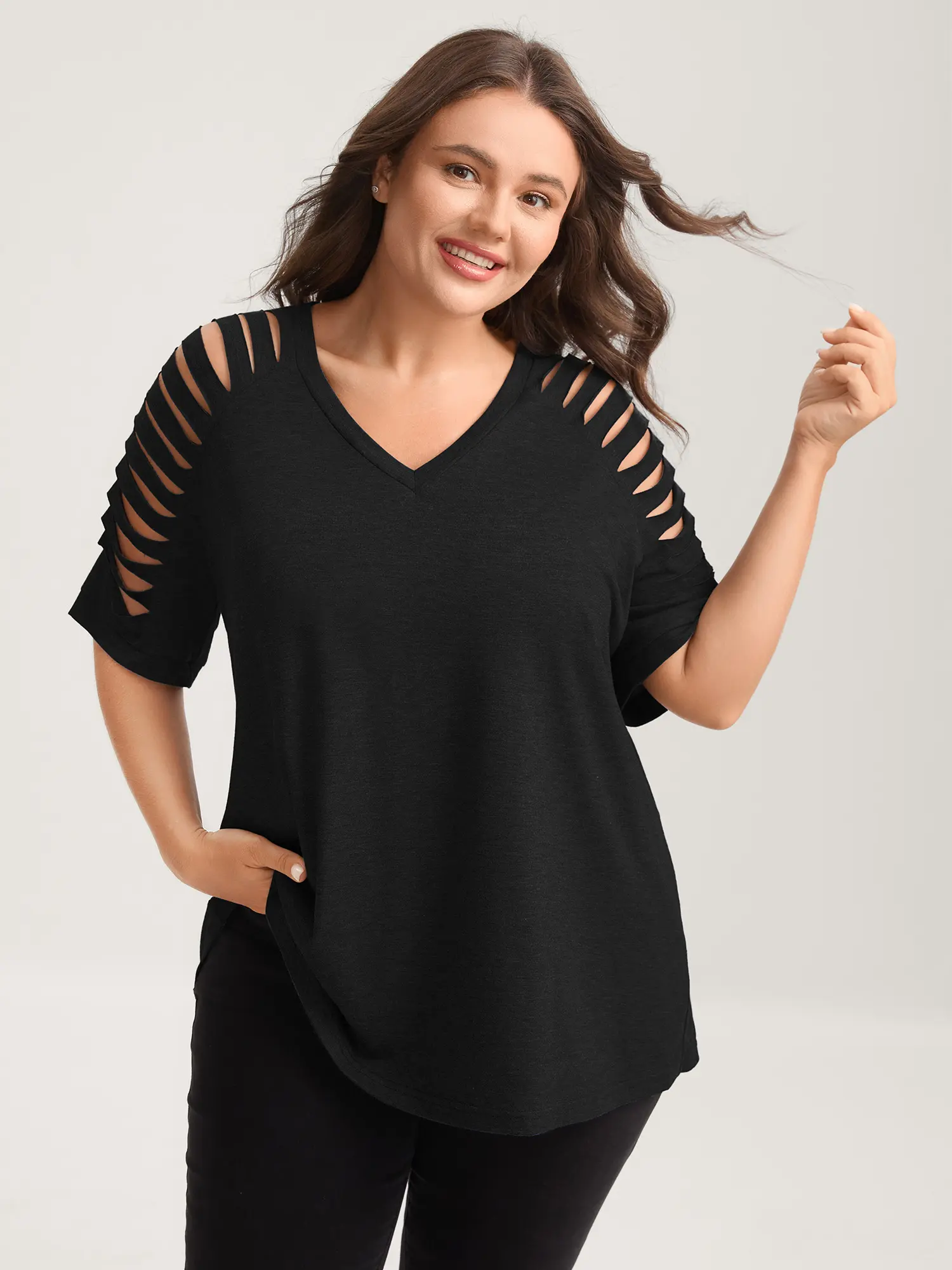 BLOOMCHIC Women's Plus Size Fitted Spandex Fabric Top - V-Neck Shortsleeve Cut-Out Design - [M-6X]Summerfinds ,summeroutfits,vacationoutfits,beachoutfits,back to school,back to school shopping,clothes for back to school,first day of school outfits