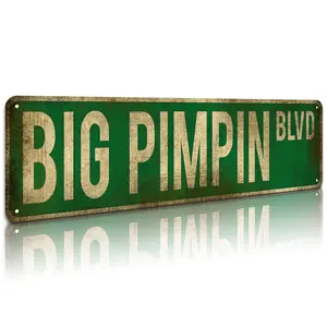 POPPY Big Pimpin Blvd Street Sign, Aluminum Slim Tin Sign Street Funny Metal Sign Wall Decor for Bedroom Home Bar Garage Art Gift 4" by 16"