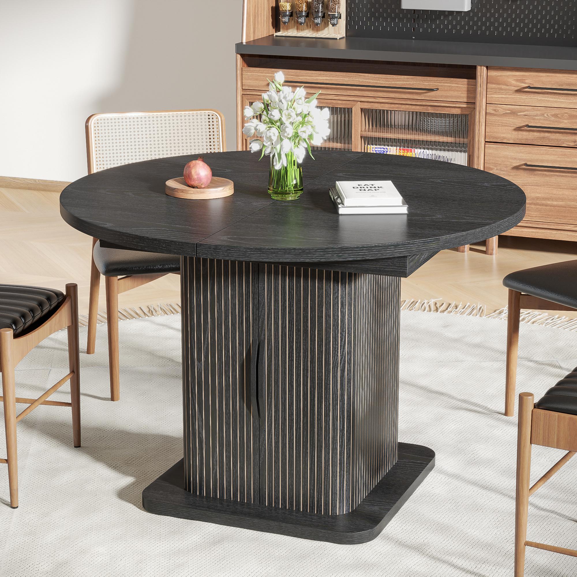 Extendable Black Round Dining Table for 4-6-8, 59 Inch Kitchen Dining Room Table with Storage, Modern Oval Circle Dinner Furniture, Fluted Wood Slide Door, for Home, Living Room, Farmhouse