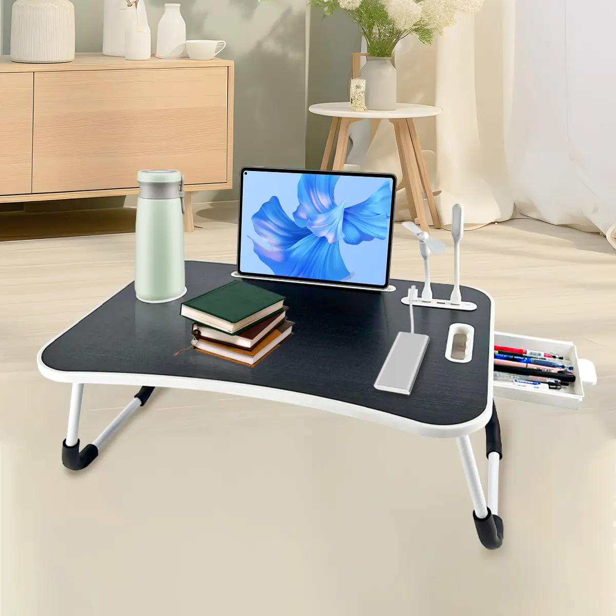Ultra Large Foldable Portable Laptop Bed Table with Tray Holder, Cup Holder, Drawer & Organize Function - Durable Home Office Desk for Eating, Reading (Home Supplies Organizer)