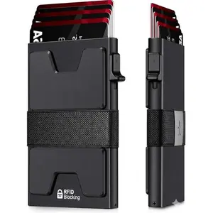 Slim Aluminum Card Holder Wallet for Men Durable Expandable Backplate RFID Blocking Minimalist Metal Pop Up Wallet Holds 12+ Cards Plus Cash Black